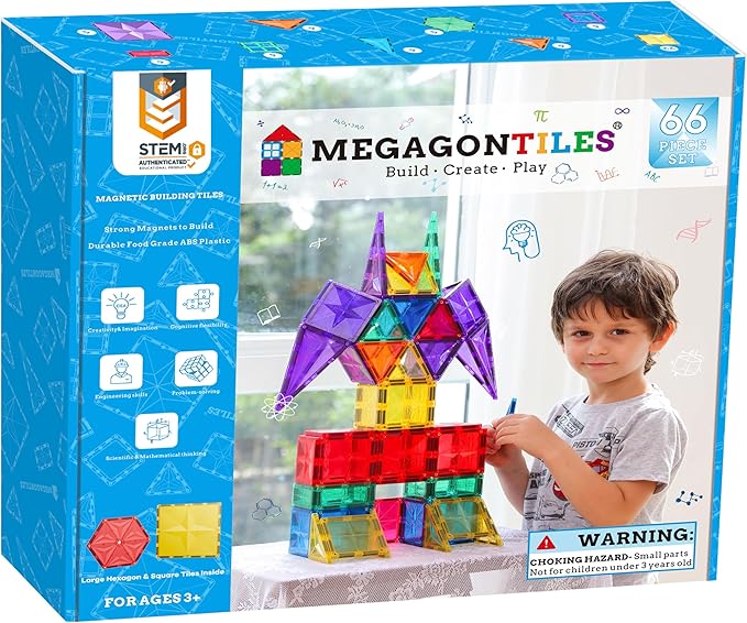 MEGAGONTILES 66PCS Premium Polygon Magnetic Tiles Set | STEM-Authenticated Magnetic Building Blocks | Educational Construction Toy for Kids Ages 3–8 (Boys & Girls)