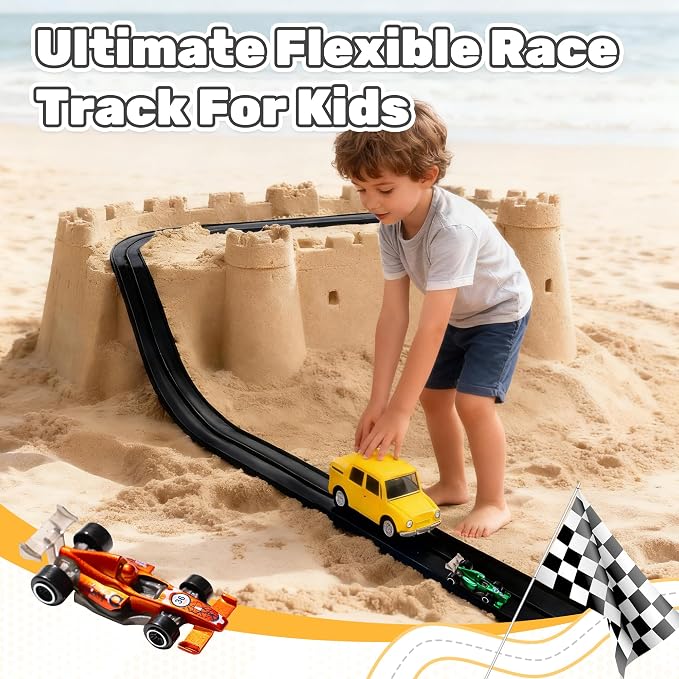 MINDNOOK 16 Ft Flexible Race Car Track Set for Kids, Portable Roll-Up Racetrack with 4 Cars & Suction Cups, Compatible with 1:64 Diecast Toy Cars, Gift for Boys & Girls Ages 4-12