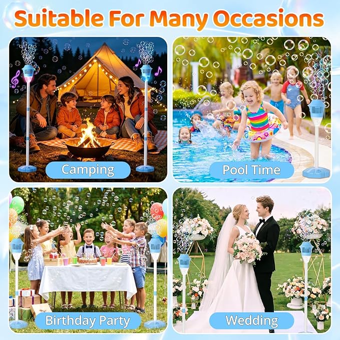 Bubble Machine for Kids: Rechargeable Bubble Blower Maker Torch with Light Music, 2 Batteries 47" Adjustable Height, Bubbles Wand Outdoor Toddler Toys for Summer Camping Wedding Backyard Pool Party