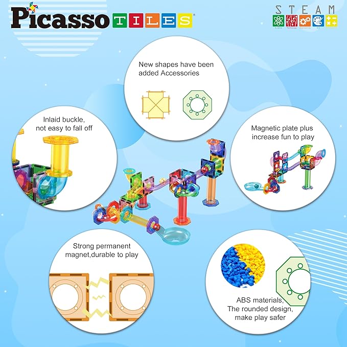 PicassoTiles Marble Run 60 Piece Race Track Magnetic Tiles Magnet Building Block Educational Construction Toy Set Playset STEM Learning Kit Child Brain Development HandEye Coordination Training PTG60