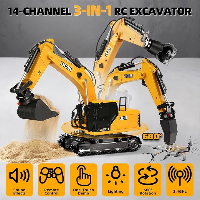 BRRRRT 3-in-1 Remote Control Excavator,14IN RC Excavator with Drill Bit, Grab Bucket & Digging Hook, JCB Official Licensed14-Channel Construction Vehicles with Lights & Sounds for Kids Ages 3+