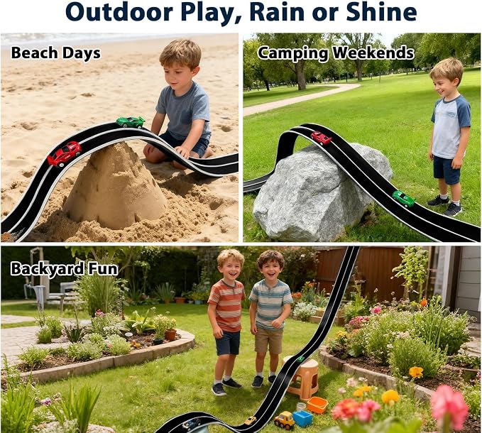 15 Ft Flexible Race Car Track for Kids,Flex Track Starter Set Compatible with Hot Wheels and Diecast 1/64th Cars,Portable Racetrack Roll Up Race Track with 4 Racecars and Suction Cups