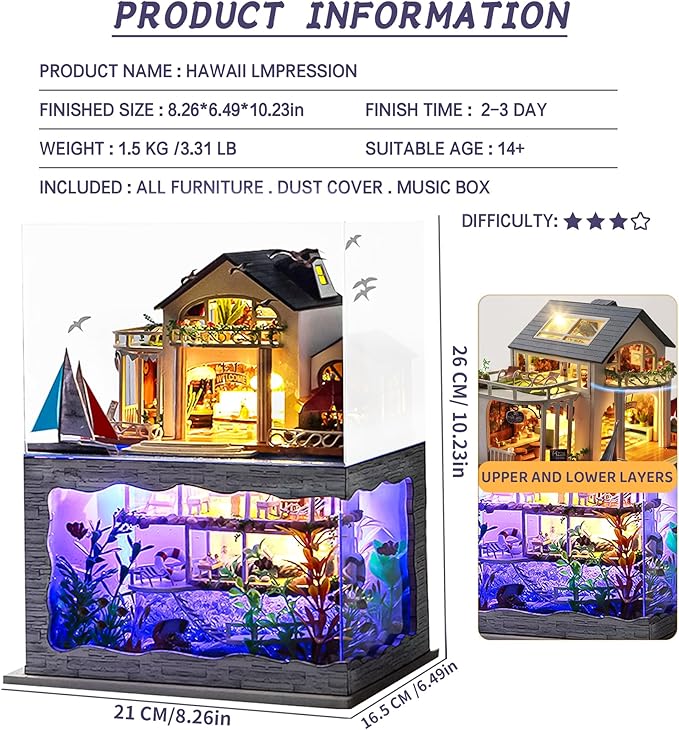 Spilay Miniature Dollhouse Kit with Furniture,DIY Dollhouse Kit Mini Modern Villa Model Plus Dust Cover and Music Box,1:24 Scale Creative Room Idea for Adult Birthday Gift(Hawaii Impression)