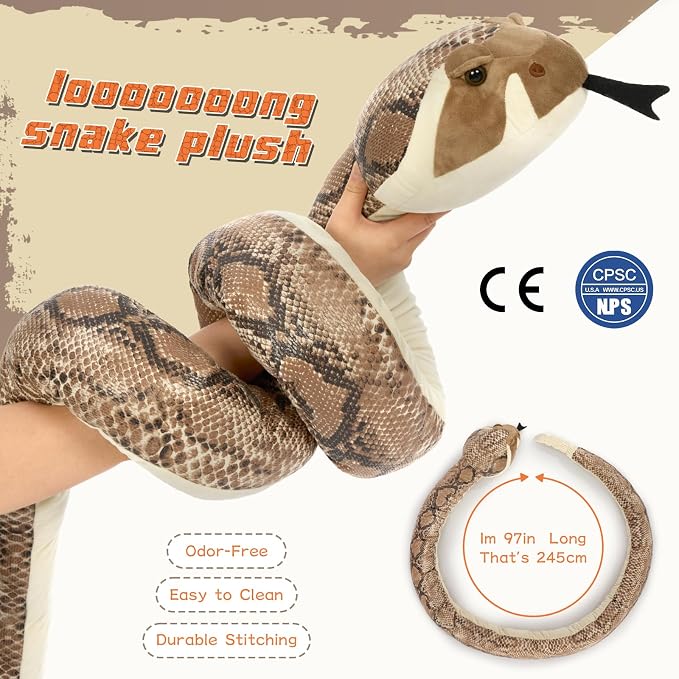 MaoGoLan 97 inch Giant Rattlesnake Plush Long Stuffed Snake Toy Realistic Python Stuffy for Kids Prank Props Christmas Birthday Easter Valentine's Day, Brown