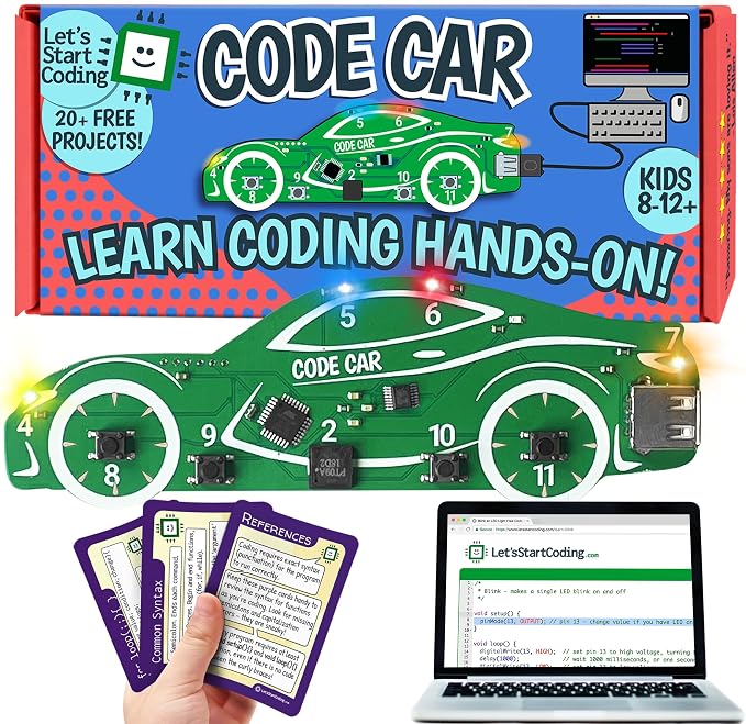 Code Car Kids Coding Toy for Kids 8-12+ and Teens; Learn Typed C++ Coding with Hands-On Electronics & 20+ Projects Including Custom Siren, Honk The Horn, and Reverse Alarm