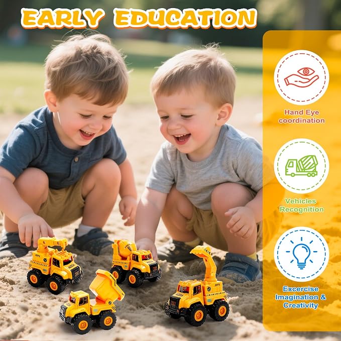 Construction Truck Toys for Toddlers 1-3, Push and Go Toy Vehicles Set with Mixer, Dump Truck, Excavator, Bulldozer, Friction Powered Cars for Boys and Girls, Gift for 2 3 4 5 Year Old Kids