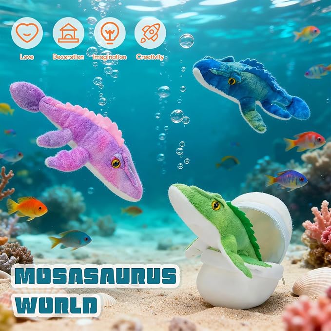 Blue Dinosaur Stuffed Animal,Giant Dinosaur Plush Toy,Mommy Mosasaur with Babies & Egg, Soft Mosasaurus Plushie,Realistic Dino Stuffy,Gifts for Kids Boys Girls Easter Christmas Birthday