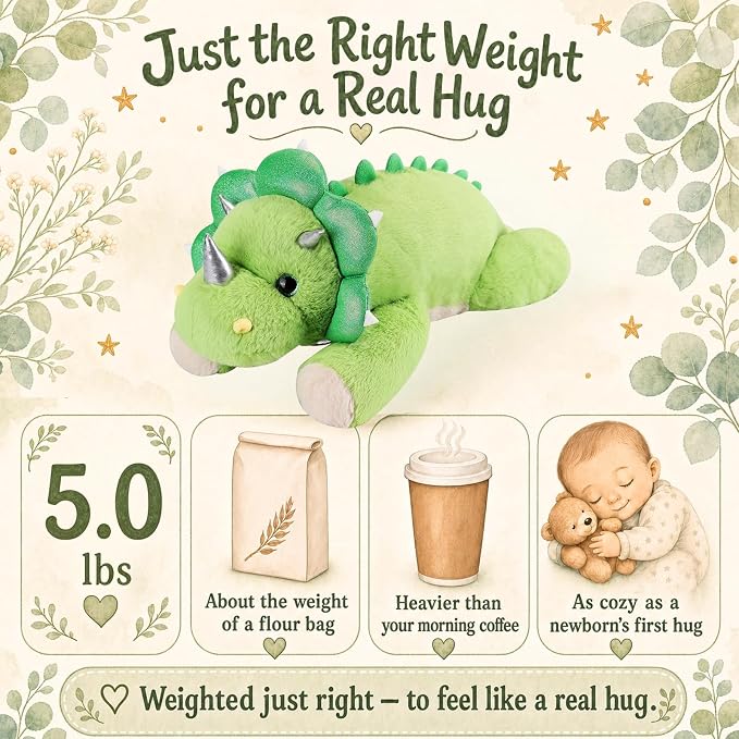 gnomantic Triceratops Weighted Stuffed Animals - 28 Inch 5.0 Pounds Weighted Plushies Dinosaur Stuffed Animal - Large Dino Plush Pillow - Cute Plush Toy Gifts for Kids & Adults (Green)