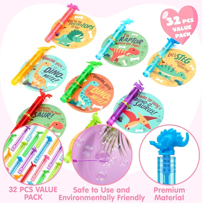 JOYIN 32 Packs Valentine's Day Gift Cards with Mini Bubble Wands for Kids, Valentine's Party Favor, Classroom Exchange Gift for Kids, Holiday Reward Prizes
