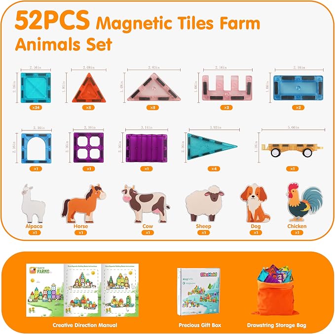 Magnetic Tiles Farm Animals 52PCS, STEM Toys Magnet Building Blocks for Toddler Ages 3-8, Kids Construction Stacking Tiles Toys Gifts for Boys Girls