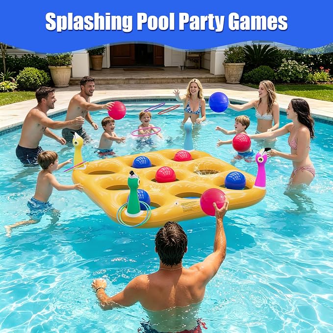 Flamingo Pool Toys Games Set, 2-in-1 Giant Inflatable Tic Tac Toe Float Game & Ring Toss Game with 10 Balls & 6 Rings, Outdoor Summer Fun Beach Yard Swimming Pool Games for Adults Teens Kids 6+