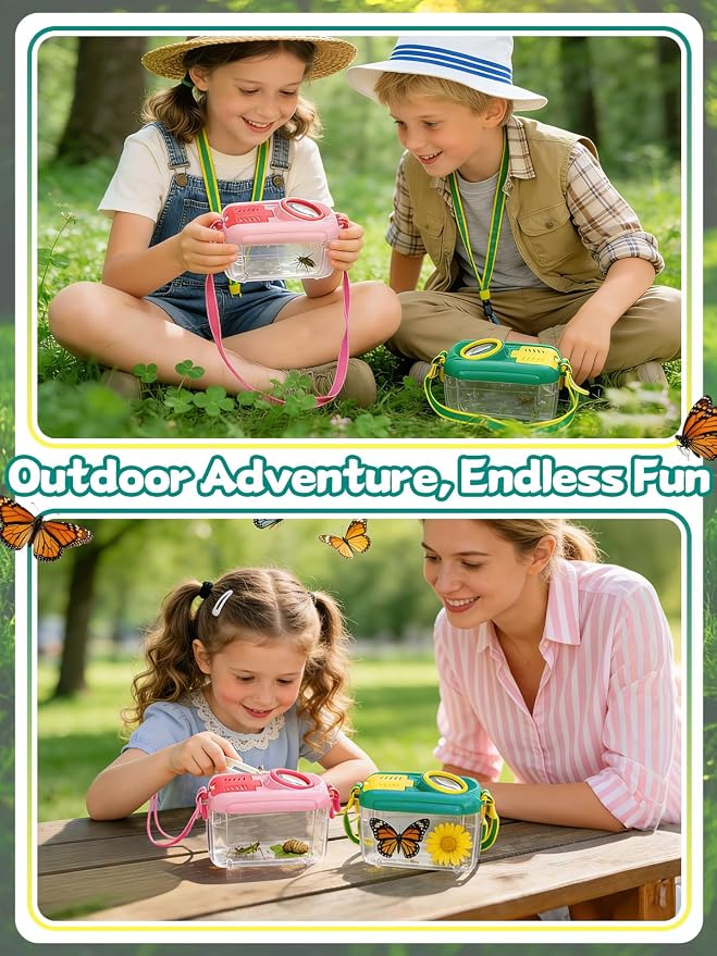 2Sets Bug Catcher for Kids - Sturdy Kids Bug Catching Kit Gifts with Collector Butterfly Net Tweezer, Bugs Habitat Outdoor Explorer Kit for Age 3 4 5 6 7 8, 8Pcs, Pink & Blue