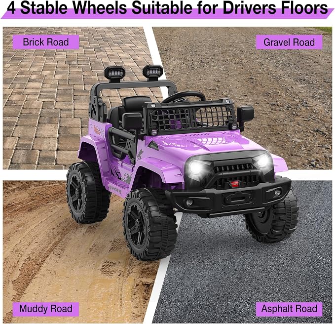 Hetoy 12V Ride on Toys with Parent Remote Control Toddler Electric Vehicle with Spring Suspension, LED Lights, Bluetooth, Music Player, 3 Speeds Ride on Car Truck for Kids Age 3-8 (Purple)