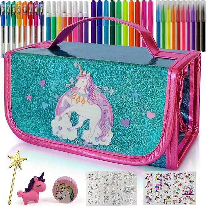 Unicorn Pencil Case Kids Art Set With Fruit Scented Markers, Unicorn Gifts For Girls, Art Supplies For Kids, Birthday Gifts For Little Girls Age 3 4 5 6 7 8 Years Old, Washable Coloring Set Craft Kit