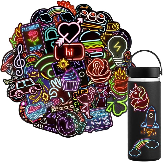 QTL Neon Stickers for Teens & Students Prizes, Waterproof Vinyl Party Favor Stickers, School Rewards, Water Bottle and Laptop, 50PCS
