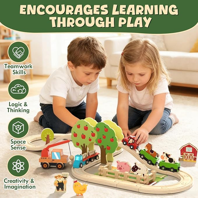 Lehoo Castle Wooden Train Set for Toddlers 2-4 - Wooden Train Track Set for Kids, Farm Animal Train Toys for 3 4 5 6 Year Old Boy Girl Birthday Gifts