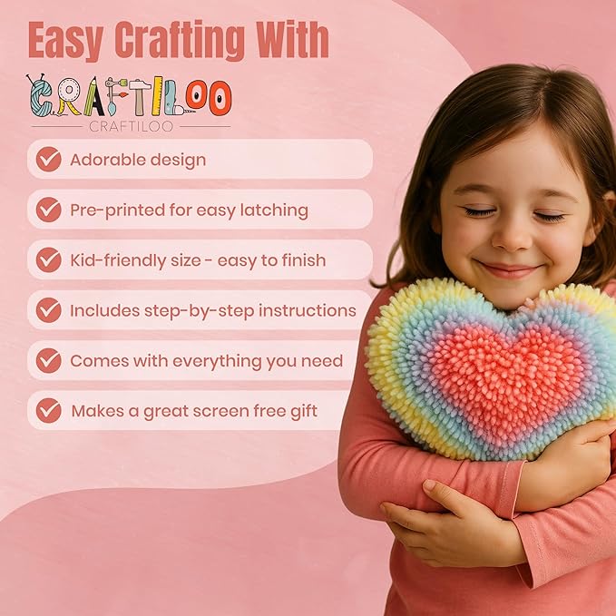 CRAFTILOO Latch Hook Kit for Kids Rug DIY Pillow Craft with Hook, Precut Yarn, Easy to Follow Pattern Cute Designs with Rainbow Heart Ages 6+