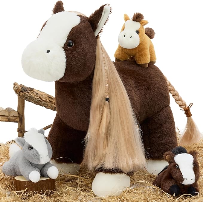Tezituor 4Pcs Horse Stuffed Animal with Long Hair, 18 Inch Large Mommy Horse with 3 Baby Ponies Plush Set, Realistic Farm Pony Body Pillow Gift for Girls Boys