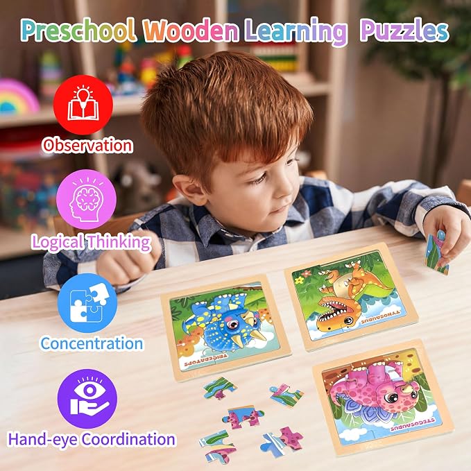 Wooden Dinosaur Puzzles for Toddlers, 8 Pack 9 PCS Jigsaw Puzzles for Kids, Wooden Puzzles for Toddlers 3-5, Dinosaur Toys for Kids 3-5, Preschool Puzzles Learning Educational Sets Toys
