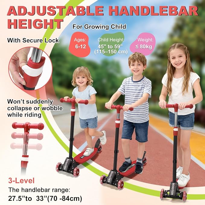 Scooters for Kids 6-8 8-12, Folding 3 Lighted Wheels Kick Scooter,3 Adjustable Height Handlebars, Lean-to-Steer,Widen Anti-Slip Deck, Heavy Duty Scooter for Boys Girls Ages 6-12,up to 170 Lbs