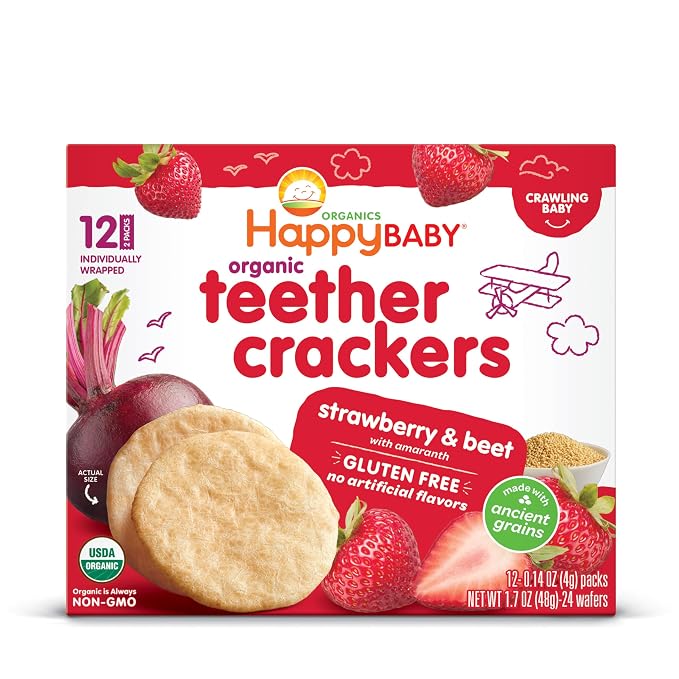Happy Baby Organics Baby Snacks, Gentle Teething Crackers, Gluten Free & Vegan, Strawberry & Beet, 12 Count (Pack of 6)