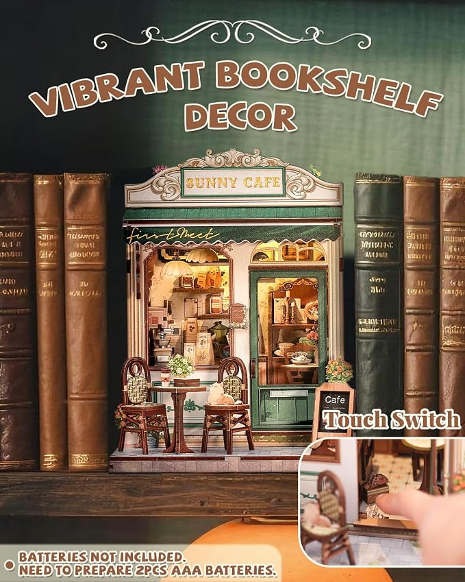 Cutefun Book Nook Kit - DIY Miniature Coffee Shop Dollhouse Kit for Adults and Teens, 3D Wooden Puzzle Bookshelf Insert Decor with LED Light, Gifts for Book Lovers and Beginners (Sunny Cafe)