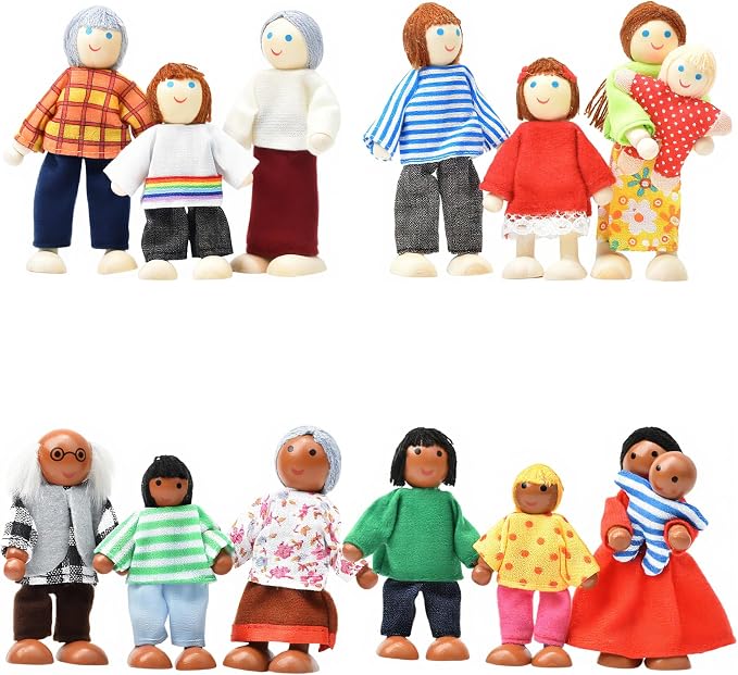 14 Pcs Wooden Dollhouse People Family Set with Movable Limbs, Mini People Figures for Doll House Play