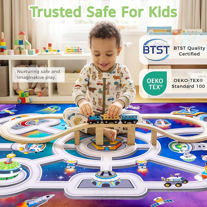Kids Space Rug 3 x 5 Ft, Outer Space Road Play Mat with Planets & Rockets, Non-Slip Educational Carpet for Playroom