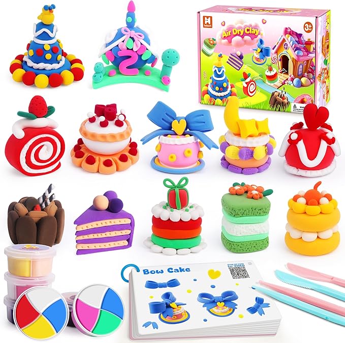 Air Dry Clay Kit, 12 Cake Modeling Clay for Kids, Molding Clay Set with Sculpting Tools and Tutorial, Ultra Light, Safe & Non-Toxic, Arts and Crafts School Projects, Home Party Favor for Boys Girls