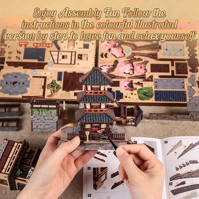 Cutefun Book Nook Kit - DIY Miniature Kyoto House Kit, 3D Wooden Puzzle 400+ Pcs Japanese Bookshelf Decor Bookend with LED, Fold-Out Cherry Blossom Alley Insert for Adults (Twilight Sakura Path)