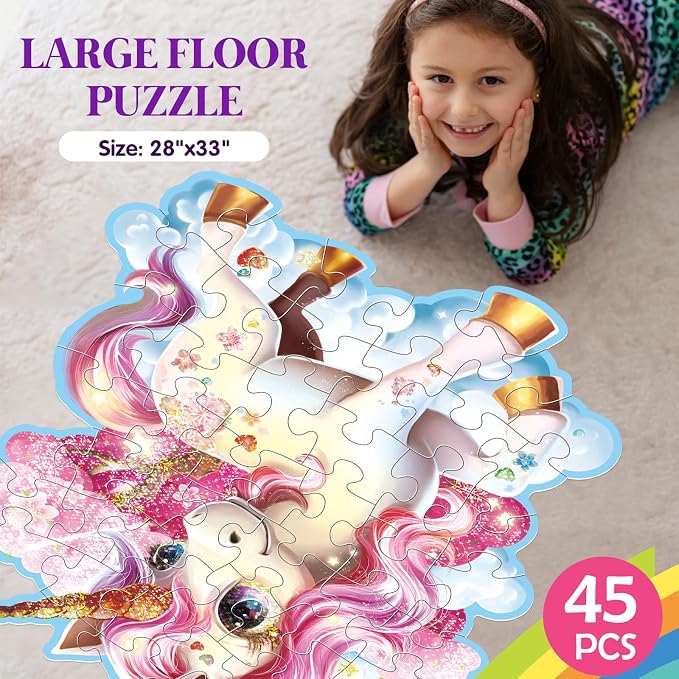 Jumbo Floor Puzzle for Kids,48 Piece Unicorn Large Jigsaw Puzzles,Puzzle for Toddler Ages 3-5,Fun Educational Preschool Learning Toy Easter Gift for Boys & Girls Ages 4-8 (Shimmery Unicorn)
