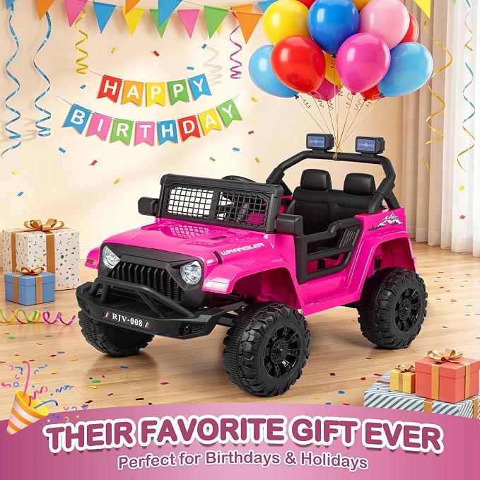 12V 7AH Kids Ride-On Truck Jeep, Electric Car with Parent Remote Control, Spring Suspension, LED Lights, Bluetooth, Music, Pink