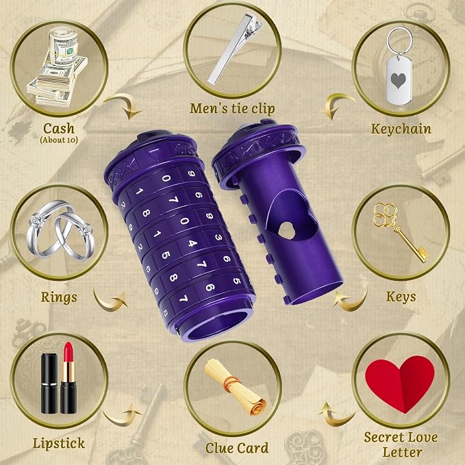 wellsee Da Vinci Code Numeric Mini Cryptex Brainteaser Puzzle Box,Metal Password Lock Cash Box with Hidden Compartment for Money,Challenge Game for Ages 12+ and Up,Unique Xmas Gifts for Her&Him,Purple