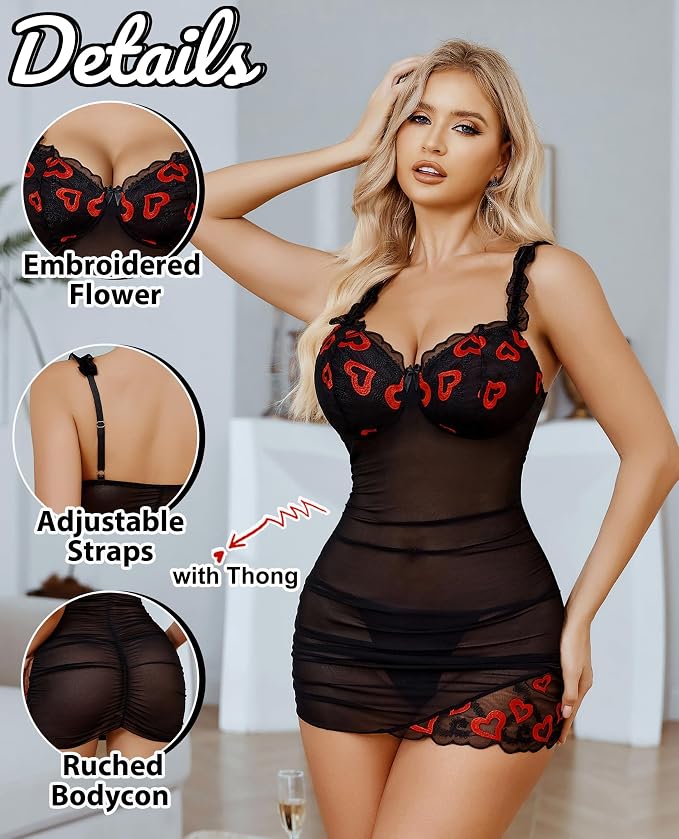 Avidlove Lingerie for Women Mesh Babydoll Lingeries Lace Chemise Floral Sleepwear Dress Sheer Exotic Boudoir Outfit S-XXL