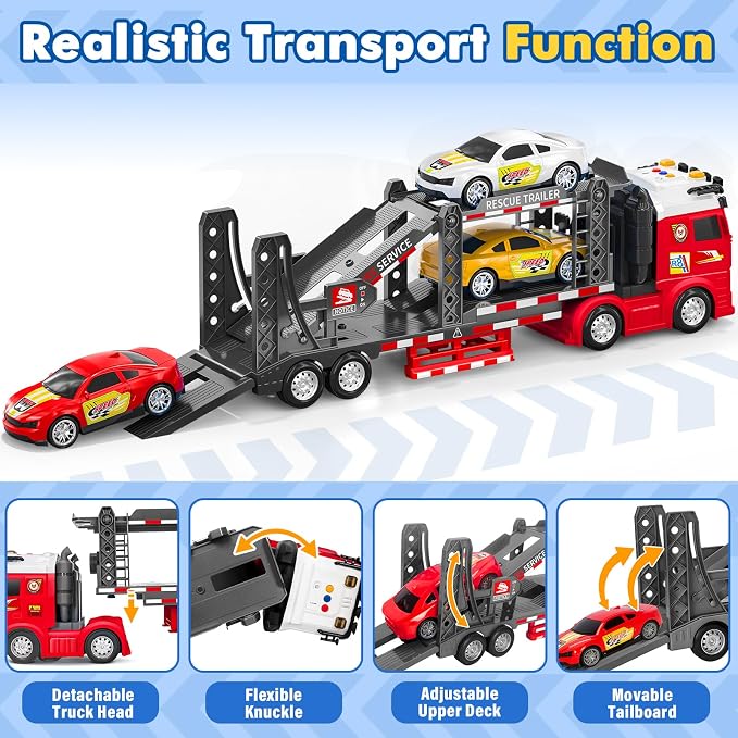 BainGesk Truck Toys Car for 3, 4, 5, 6, 8 Years Old Boys Girls, Adjustable Double Decker Car Carrier Truck with Light & Sound, Car Hauler with Trailer Toy, Large Semi Transport Toy Gifts for Toddler