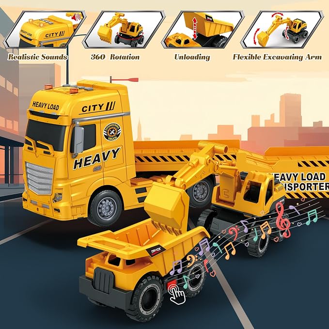 3-in-1 Construction Truck Toy for Ages 3-6 – 25.6 Inch Extra-Large Semi-Truck with Lights & Sounds, Detachable Excavator and Light & Sound Dump Truck, Inertia Vehicle Set