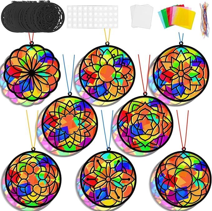 Lonfliness 32 Sets Suncatchers Craft Kit DIY Flower Window Stained Glass Effect Paper Spring Home School Classroom Decoration Art Craft Creative Activity Project Gift Favor