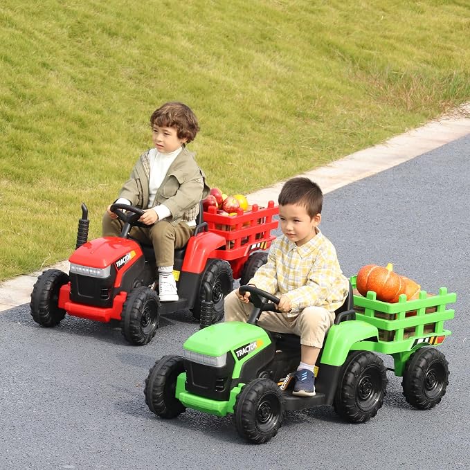 TOBBI Kids Electric Toy Tractor, 12V Battery-Powered Toddlers Ride On Car to Drive, Motorized Trailer Vehicle with 35W Dual Motor/6-Wheels/3-Speeds/LED & Horn Functions for Chirdren Aged 3-8-Green