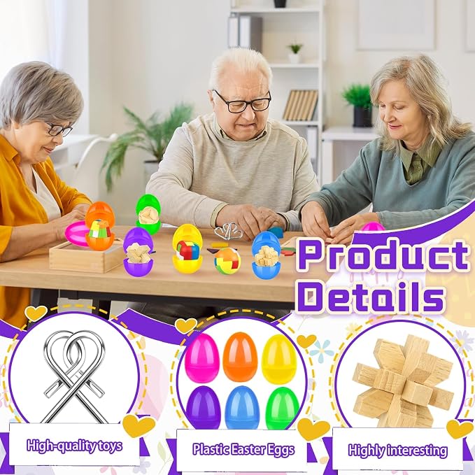 48 Pcs Prefilled Easter Eggs with Mini Brain Teaser Puzzles Metal Buckle Metal Puzzles Plastic 3D Puzzle Game forEgg Hunts Party Favors Easter Basket Stuffers