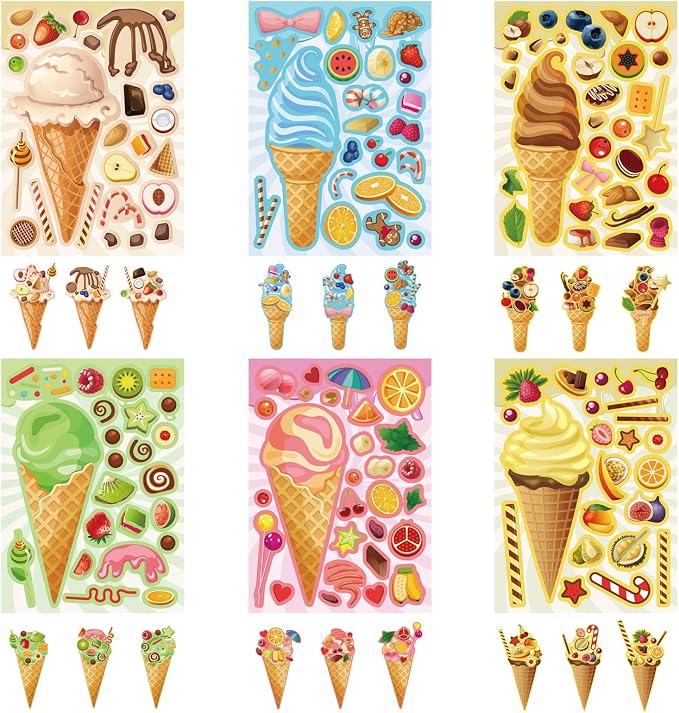 24 Sheets Ice Cream Stickers, Make-a-face Stickers for Kids Toddlers, Make Your Own Mix and Match Stickers, DIY Summer Ice Cream Stickers for Birthday Party Games Teacher Reaward