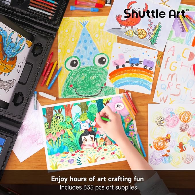 Shuttle Art 335 Piece Kids Art Set, Multi-Media Art Supplies, Gift Art Kit with Trifold Easel, 2 Drawing Pads, 2 Coloring Books, Oil Pastels, Crayons, Watercolors, Markers, Colored Pencils (Black)
