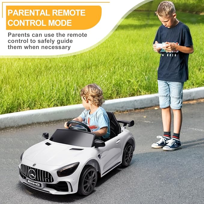 Winado 12V Ride on Car, Licensed Mercedes Benz AMG GTR Battery Powered Electric Vehicle, w/Parent Remote, Wider Seat, LED Lights, Openable Doors, MP3 Player, Smooth Start, 3 Speeds - White