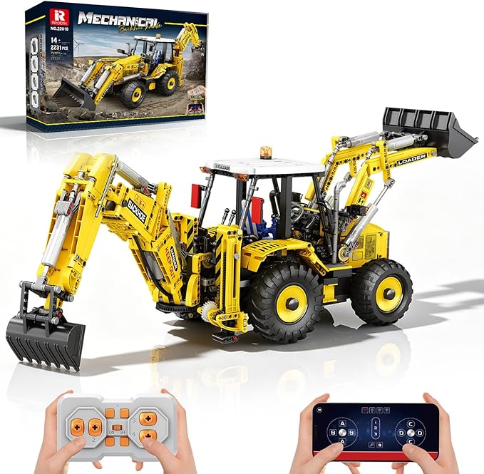 Reobrix RC Backhoe Loader Building Block Sets for Adults Remote Control Excavator Model Building Toy Excavator and Bulldozer 2 in 1 Construction Toys, Technic Building Kits for Adults