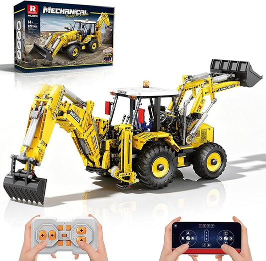 Reobrix RC Backhoe Loader Building Block Sets for Adults Remote Control Excavator Model Building Toy Excavator and Bulldozer 2 in 1 Construction Toys, Technic Building Kits for Adults