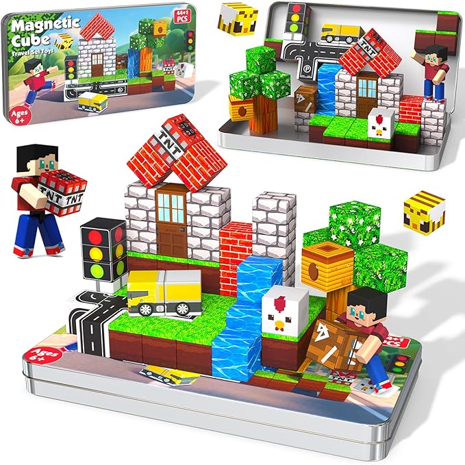 45 Pcs Travel Magnetic Blocks -Mini Magnetic Building Blocks for Kids Ages 4-8, Magnet Cubes Stacking Toys with Portable Metal Box, Birthday Gift for 3+ Year Old Boys Girls