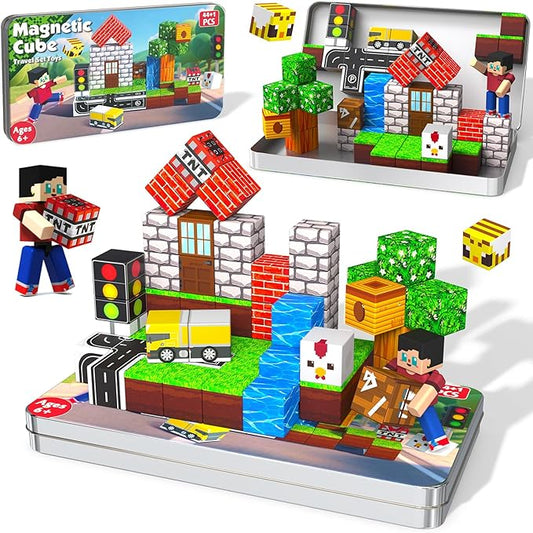 45 Pcs Travel Magnetic Blocks -Mini Magnetic Building Blocks for Kids Ages 4-8, Magnet Cubes Stacking Toys with Portable Metal Box, Birthday Gift for 3+ Year Old Boys Girls