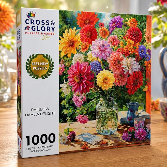 Cross & Glory - Rainbow Dahlia Delight - 1000 Piece Jigsaw Puzzle for Adults | Vibrant Flower Collection | Satin Finish | Challenging & Colorful Art