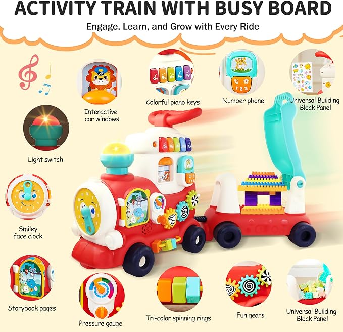 Ride On Toys for Toddlers 1-3 Boys Girls, 4-in-1 Push Pull Sit and Ride Train, Walking Car Toy for 1 Year Old Learning to Walk, Sit-to-Stand Walker for Baby Kids Ages 1 2 3 4 Outdoor Indoor Toy