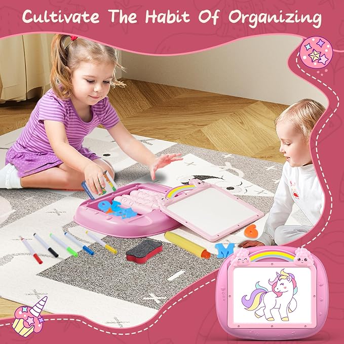 Cokzer Unicorn Gift for 1-2 Years Old Girl, Magnetic Drawing Board with Magnetic Letters and Numbers, Portable Toddler Educational Toy, Birthday for 1-2 Years Old Girl (Pink)