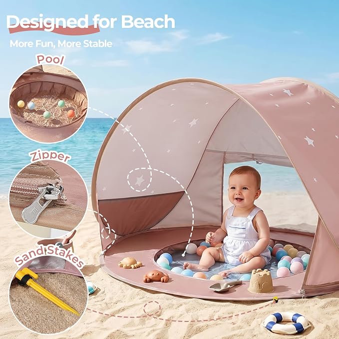 Monobeach Baby Beach Tent with Pool: Brown Stars Pop Up Sun Shade Tent for Toddler, UV Protection Portable Outdoor Shelter, Foldable Camping Canopy for Beach, Backyard & Travel